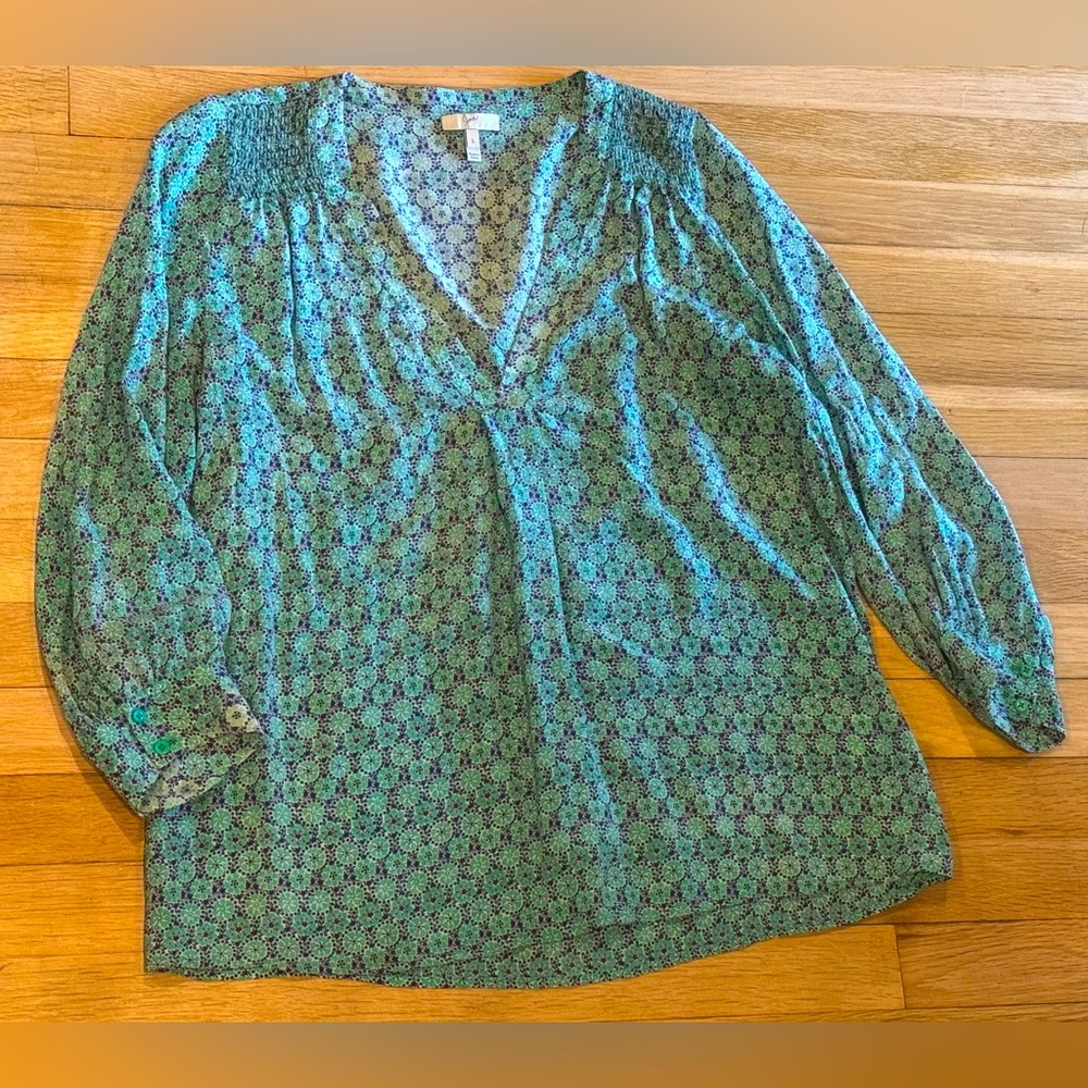 Joie Aceline Blue Green Mandala Print V Neck Silk Tunic Top S Small